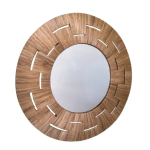 Oglindă rotundă de perete cu ramă împletită manual din zambile de apă și design decorativ decupat.