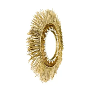 Oglindă rotundă boho de perete cu franjuri din iarbă naturală și ramă decorativă din scoici