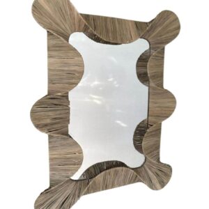 Rectangular wall mirror with wavy-edge handcrafted frame made from natural woven fibers