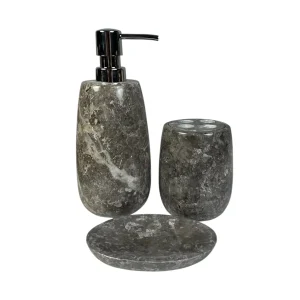 Set de accesorii pentru baie din marmură gri, lucrat manual, cu dozator pentru săpun, pahar și săpunieră, finisaj din piatră naturală.