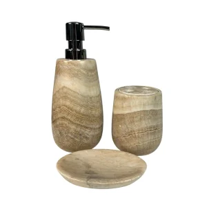 Set de accesorii pentru baie din onix, lucrat manual, cu dozator pentru săpun, pahar și săpunieră, finisaj din piatră naturală.