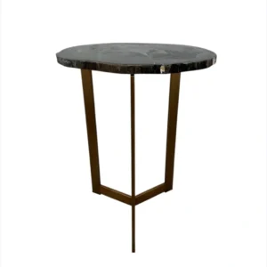 Măsuță laterală luxoasă din lemn pietrificat, cu blat natural fosilizat și bază metalică din alamă – mobilier modern organic realizat manual.