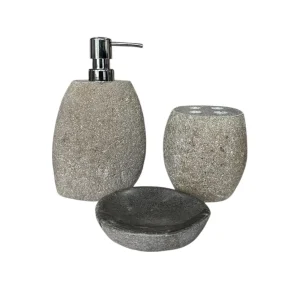 Set de accesorii pentru baie din piatră de râu, lucrat manual, cu dozator de săpun, suport pentru periuțe de dinți și săpunieră