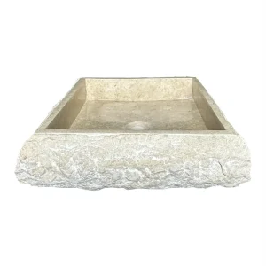 Chiuvetă pătrată din marmură, lucrată manual, cu interior lustruit și exterior natural, aspru.