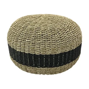 Puf din fibre naturale țesut manual, realizat din materiale ecologice, cu un design rotund țesut.