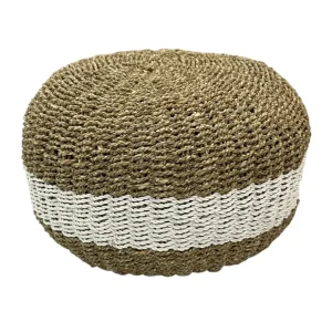 Puf din fibre naturale țesut manual, realizat din materiale ecologice, cu un design rotund țesut.