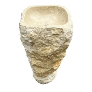 Chiuvetă cu piedestal din marmură, realizată manual din piatră naturală – chiuvetă de baie cu textură brută și bazin lustruit