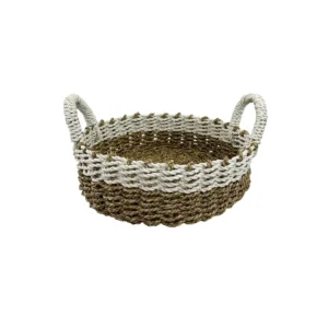 Coș din fibre naturale împletit manual cu mânere, realizat din materiale organice.<br> <br> <br>