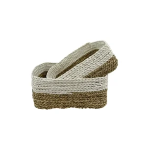 Set de coșuri din fibre naturale împletite manual, cu mânere, realizate din materiale organice.<br> <br> <br>