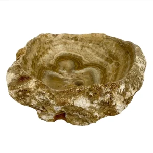 Chiuvetă pentru baie din onix natural, cu interior lustruit și exterior rustic din piatră brută
