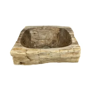 Chiuvetă din lemn pietrificat sculptată manual, cu exterior natural rustic și interior neted lustruit