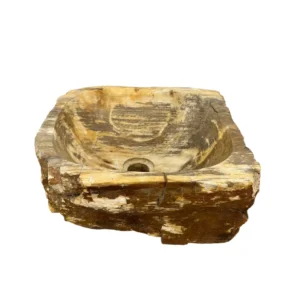 Chiuvetă din lemn pietrificat sculptată manual, cu exterior natural rustic și interior neted lustruit