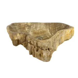 Chiuvetă din lemn pietrificat sculptată manual, cu exterior natural rustic și interior neted lustruit