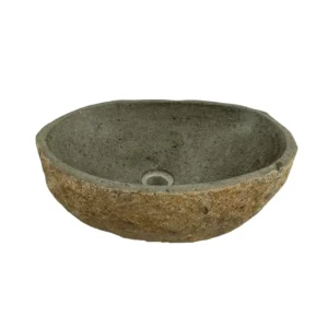 Chiuvetă din piatră de râu realizată manual, cu interior lustruit și finisaj exterior natural – lavoar unic din piatră organică.